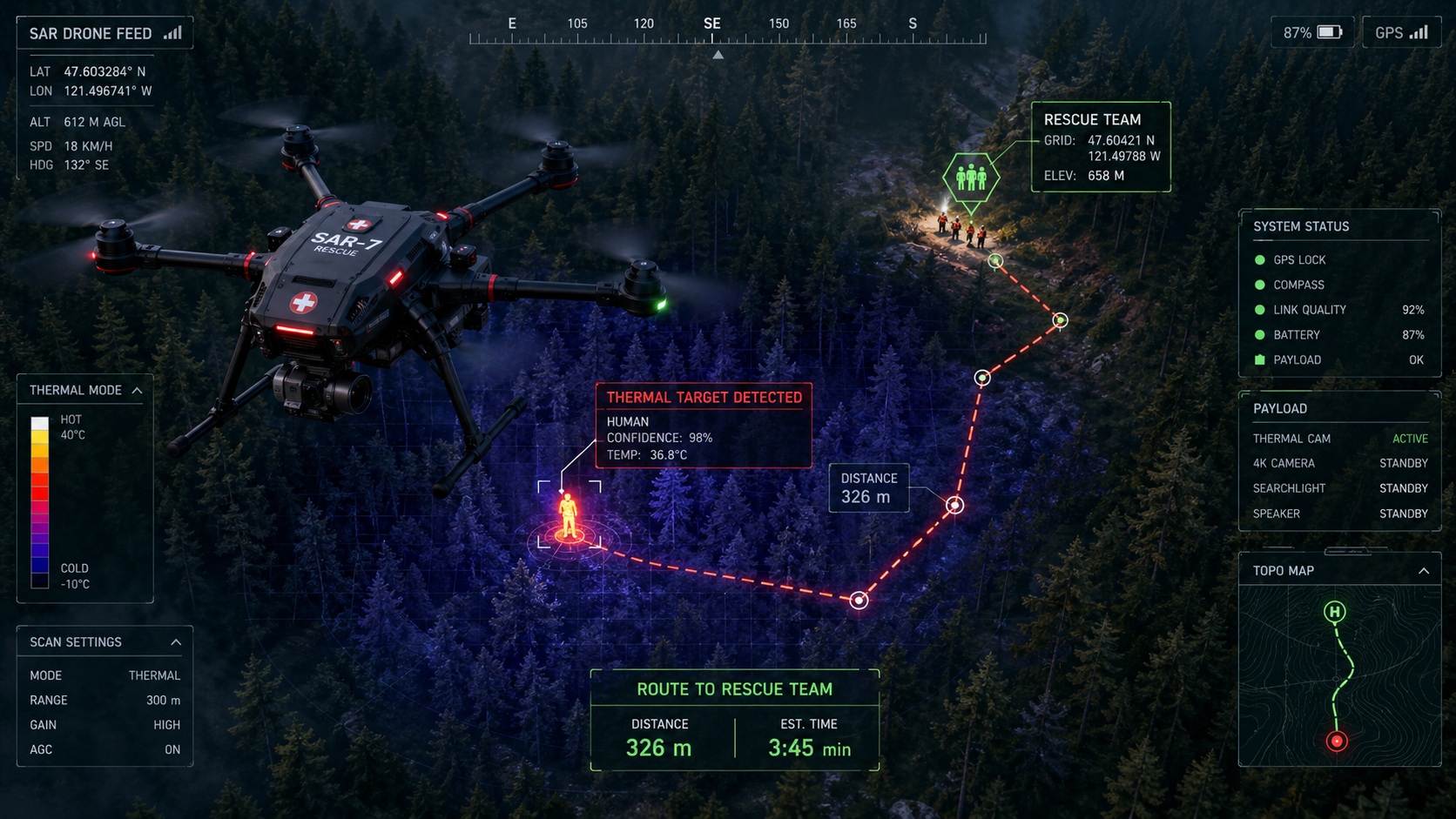 Search and rescue drone with thermal overlay